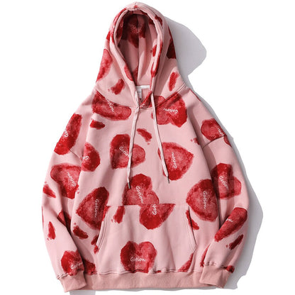 Hoodie Men Heart Inkjet Letter Printed Big Pocket Hooded Pullover Soft Cozy Plus Velvet High Street Harajuku Streetwear-2
