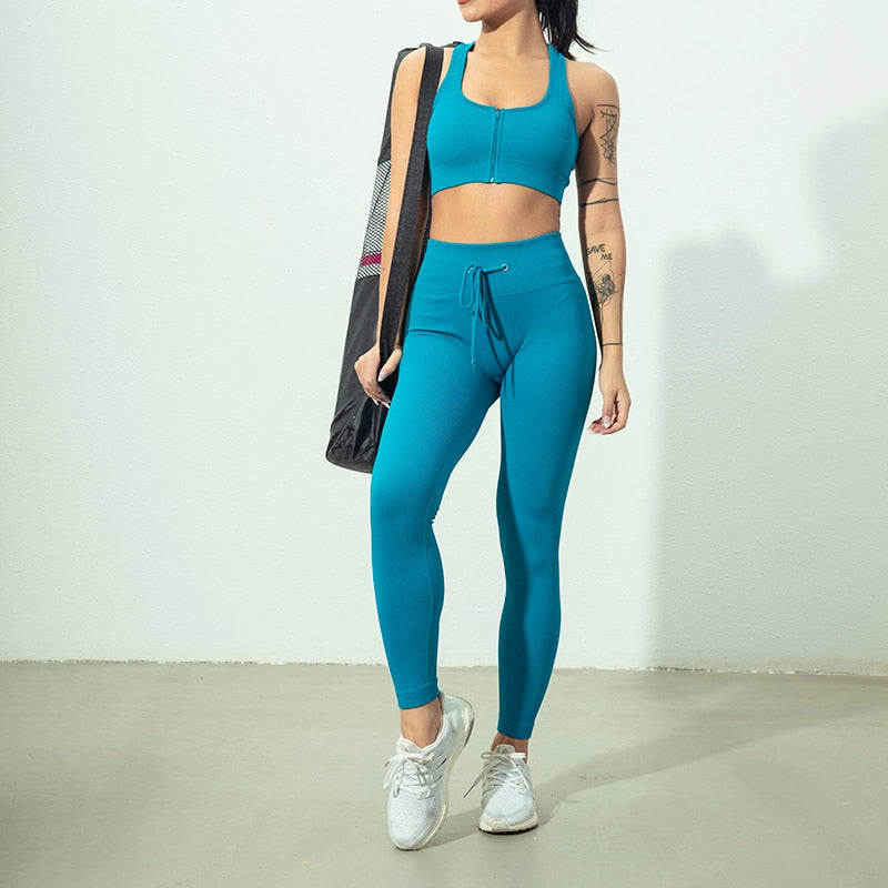Seamless Yoga Set Zipper Long Sleeve Sport Suit Drawstring High Waist Gym Leggings Workout Clothes For Women Sportswear-4