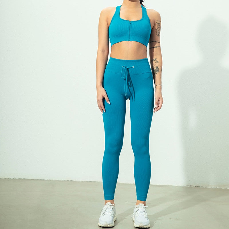 Seamless Yoga Set Zipper Long Sleeve Sport Suit Drawstring High Waist Gym Leggings Workout Clothes For Women Sportswear-0