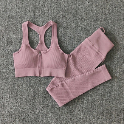 Seamless Yoga Set Zipper Long Sleeve Sport Suit Drawstring High Waist Gym Leggings Workout Clothes For Women Sportswear-24