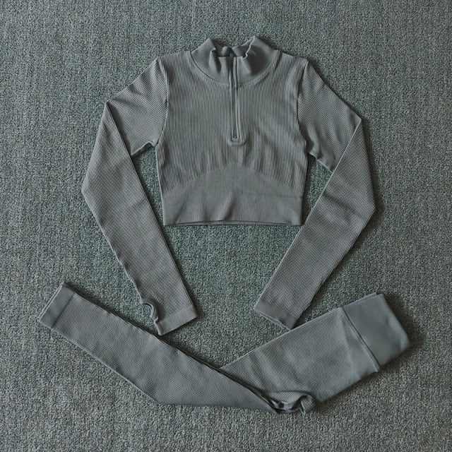 Seamless Yoga Set Zipper Long Sleeve Sport Suit Drawstring High Waist Gym Leggings Workout Clothes For Women Sportswear-14