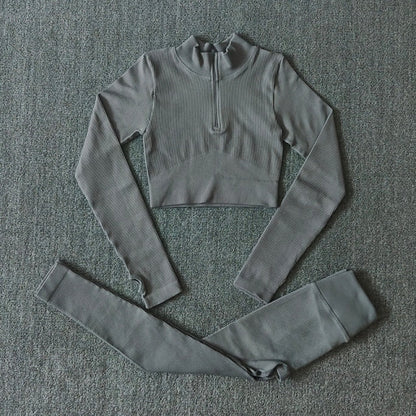 Seamless Yoga Set Zipper Long Sleeve Sport Suit Drawstring High Waist Gym Leggings Workout Clothes For Women Sportswear-14