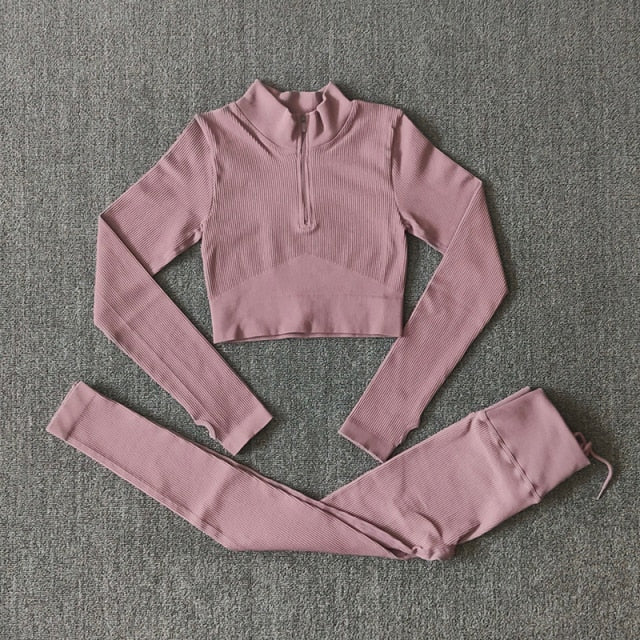 Seamless Yoga Set Zipper Long Sleeve Sport Suit Drawstring High Waist Gym Leggings Workout Clothes For Women Sportswear-13