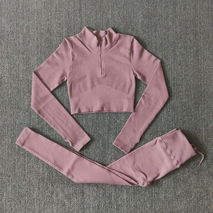 Seamless Yoga Set Zipper Long Sleeve Sport Suit Drawstring High Waist Gym Leggings Workout Clothes For Women Sportswear-13