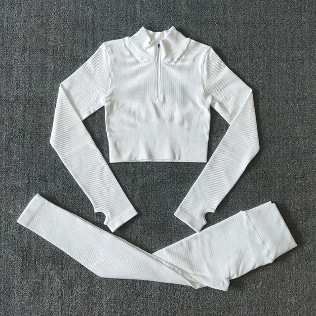 Seamless Yoga Set Zipper Long Sleeve Sport Suit Drawstring High Waist Gym Leggings Workout Clothes For Women Sportswear-12