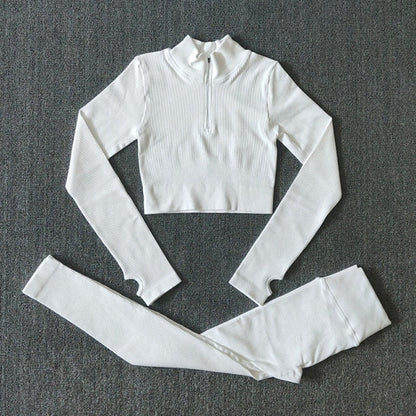 Seamless Yoga Set Zipper Long Sleeve Sport Suit Drawstring High Waist Gym Leggings Workout Clothes For Women Sportswear-12