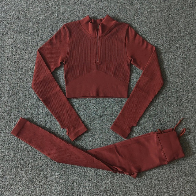 Seamless Yoga Set Zipper Long Sleeve Sport Suit Drawstring High Waist Gym Leggings Workout Clothes For Women Sportswear-11