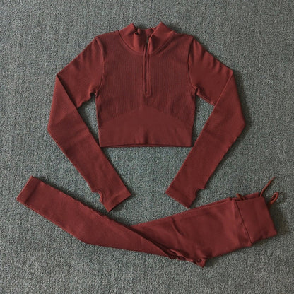 Seamless Yoga Set Zipper Long Sleeve Sport Suit Drawstring High Waist Gym Leggings Workout Clothes For Women Sportswear-11
