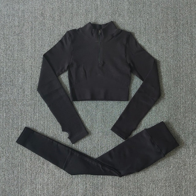 Seamless Yoga Set Zipper Long Sleeve Sport Suit Drawstring High Waist Gym Leggings Workout Clothes For Women Sportswear-9