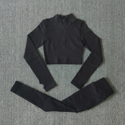 Seamless Yoga Set Zipper Long Sleeve Sport Suit Drawstring High Waist Gym Leggings Workout Clothes For Women Sportswear-9