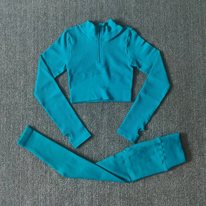 Seamless Yoga Set Zipper Long Sleeve Sport Suit Drawstring High Waist Gym Leggings Workout Clothes For Women Sportswear-8