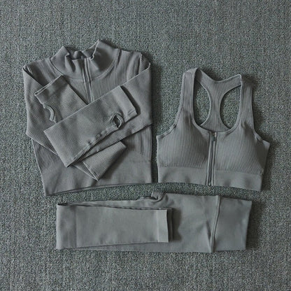 Seamless Yoga Set Zipper Long Sleeve Sport Suit Drawstring High Waist Gym Leggings Workout Clothes For Women Sportswear-7