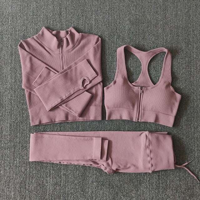 Seamless Yoga Set Zipper Long Sleeve Sport Suit Drawstring High Waist Gym Leggings Workout Clothes For Women Sportswear-6