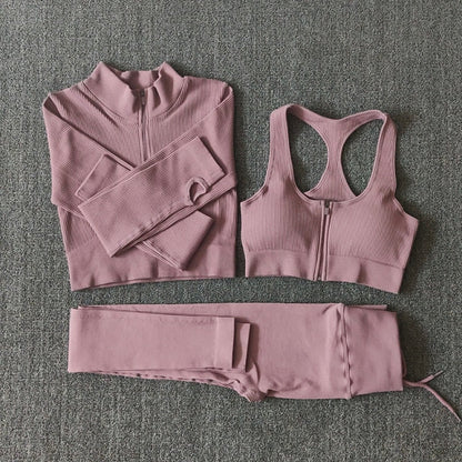 Seamless Yoga Set Zipper Long Sleeve Sport Suit Drawstring High Waist Gym Leggings Workout Clothes For Women Sportswear-6