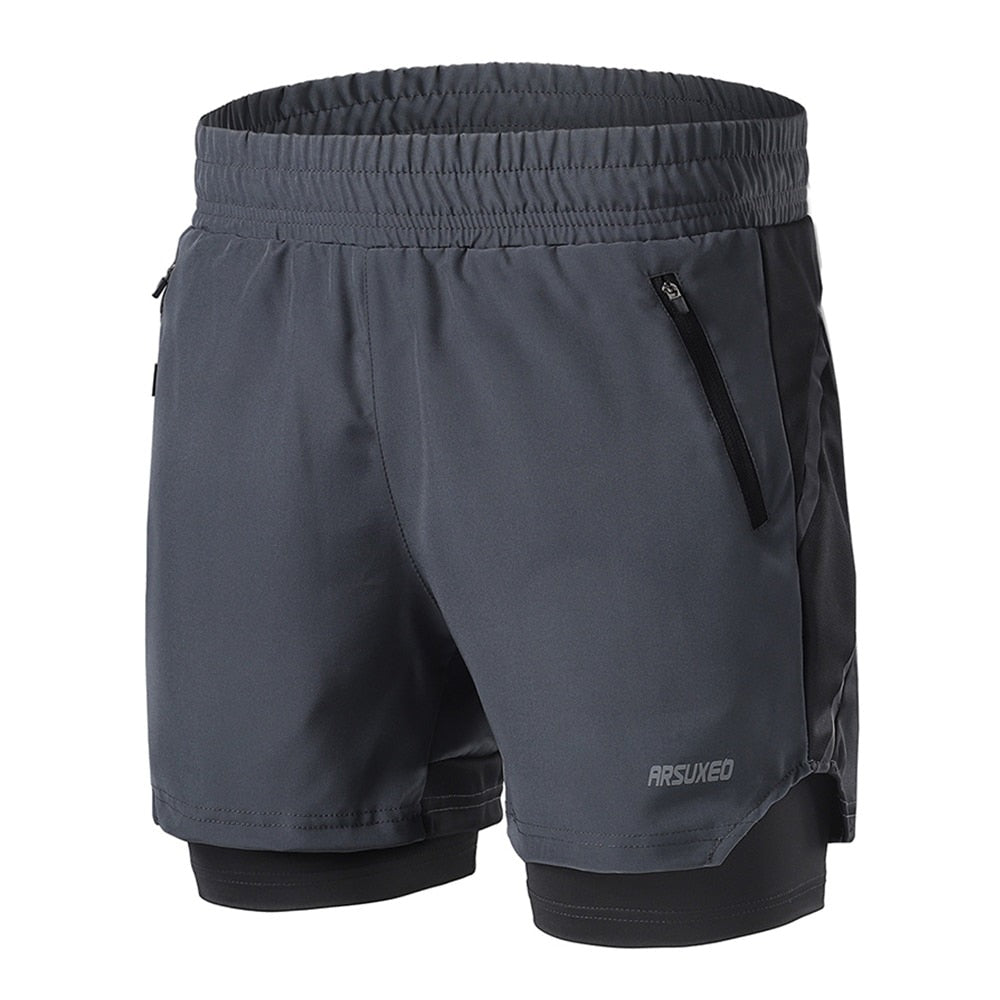 Running Shorts 2 in 1 Quick Dry Athletic Training Exercise Jogging Sports Gym Shorts With Zipper Pocket-2