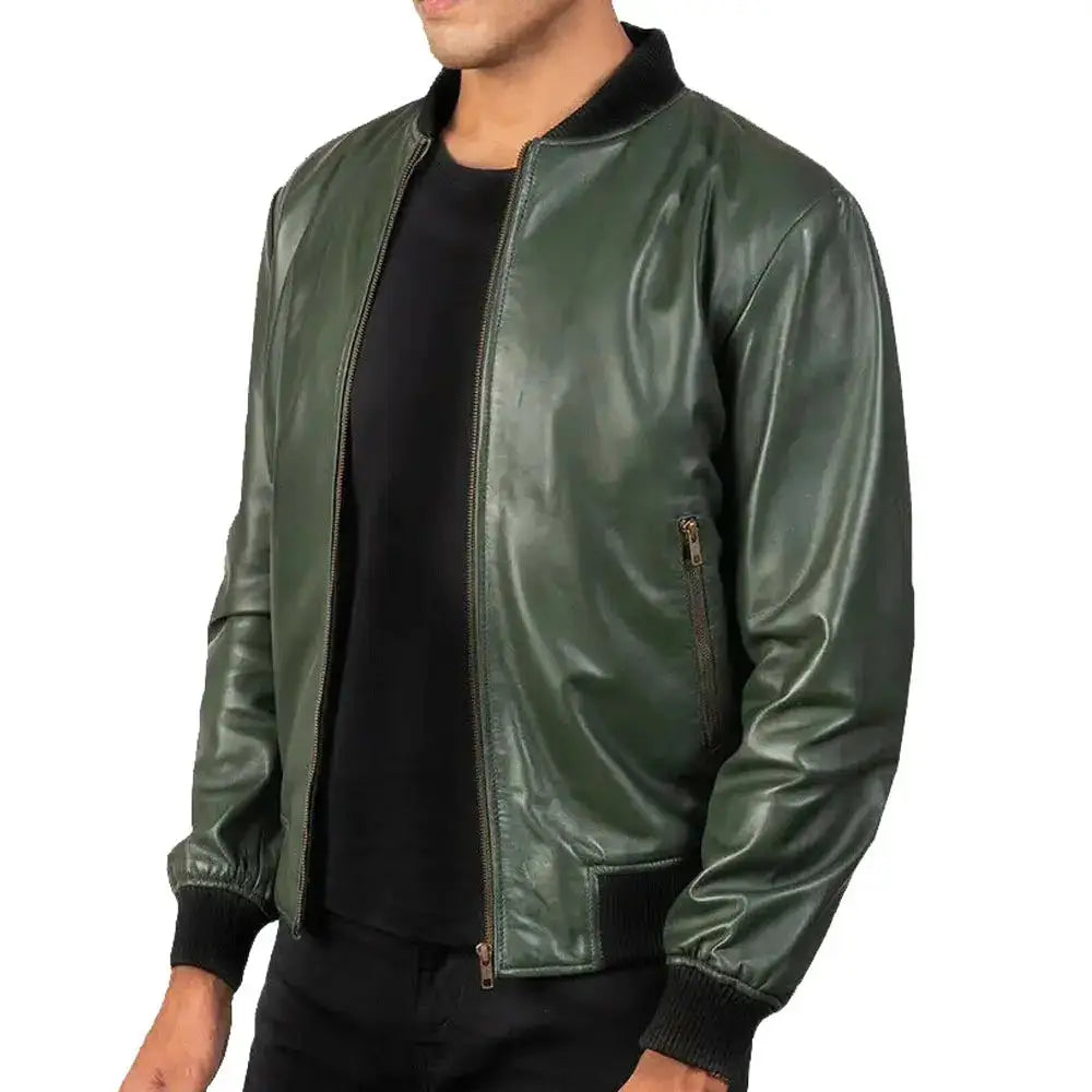 Men's Green Real Leather Motorcycle Bomber Jacket-1