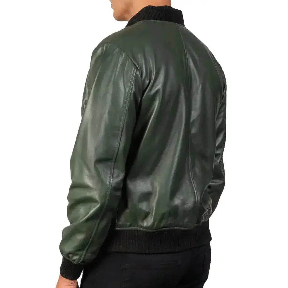 Men's Green Real Leather Motorcycle Bomber Jacket-2