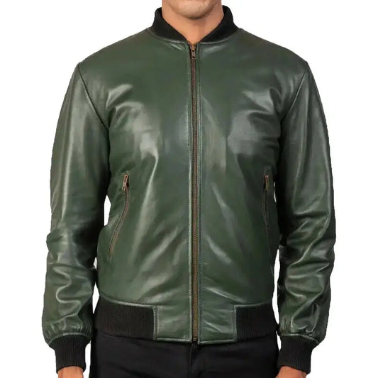 Men's Green Real Leather Motorcycle Bomber Jacket-0
