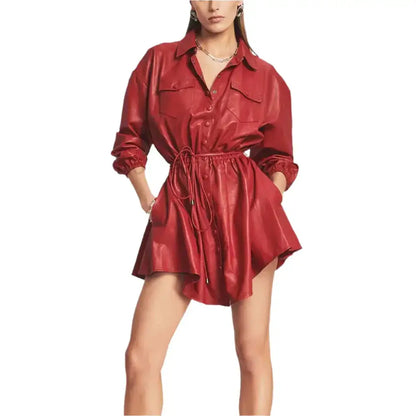 Women's Red Flared Button-Down Mini Leather Dress-0