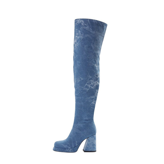 Relaxed Fit Round Toe Denim Knee High Boots-0