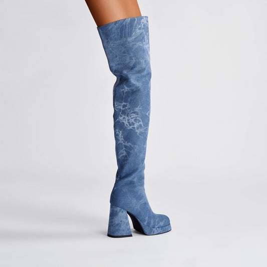 Relaxed Fit Round Toe Denim Knee High Boots-1