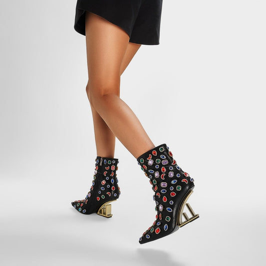 Retro Gem Encrusted Stonehenge Heel Black Ankle Boots-1