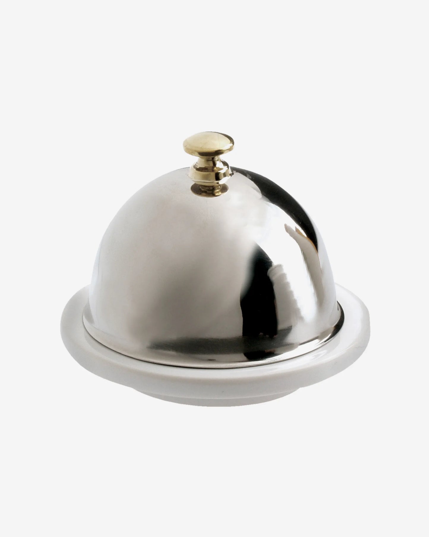 Round white porcelain butter dish under a polished stainless steel dome with a small knob.