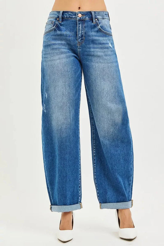 RISEN Full Size Mid Rise Barrel Double Roll Up Jeans Plus Size-0
