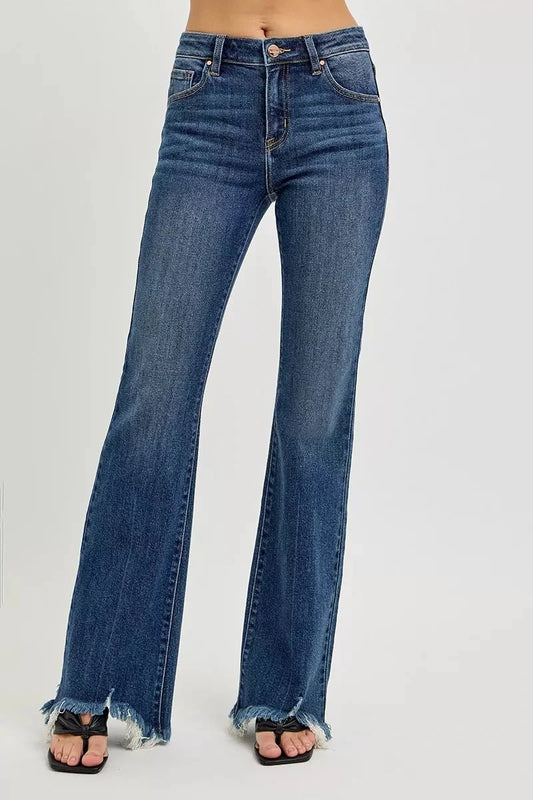 RISEN Full Size Mid Rise Flare Frayed Hem Jeans Plus Size-0