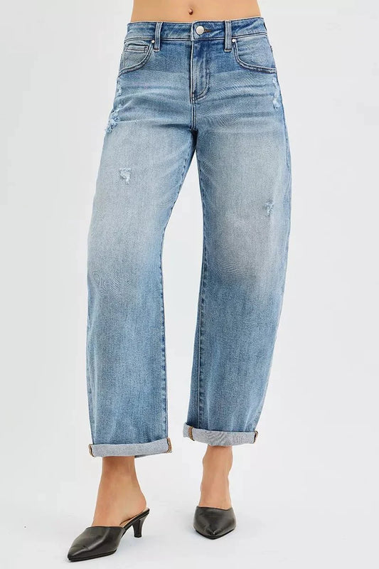 RISEN Full Size Slouchy Ankle Length Barrel Jeans with Cuffs Plus Size-1