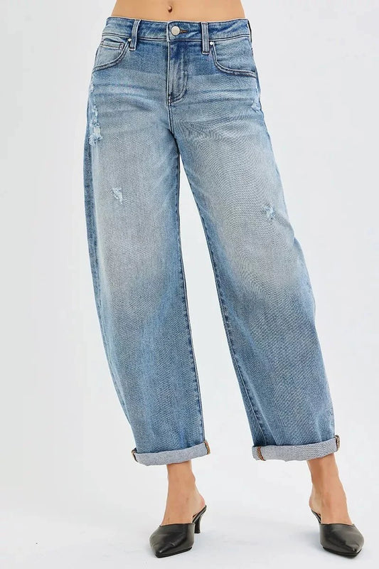 RISEN Full Size Slouchy Ankle Length Barrel Jeans with Cuffs Plus Size-0