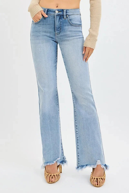 RISEN Full Size Tummy Control Mid Rise Flare Jeans with Fray Hem Detailed Plus Size-0