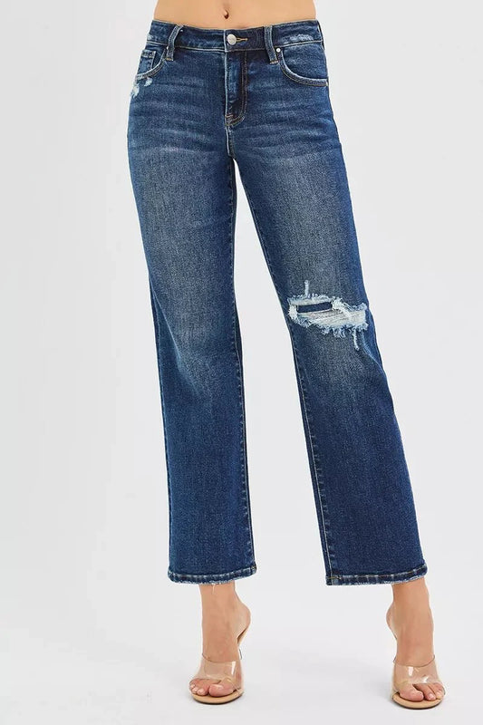 RISEN High Rise Crop Slim Straight Jenas with Hidden Knee Patch-1