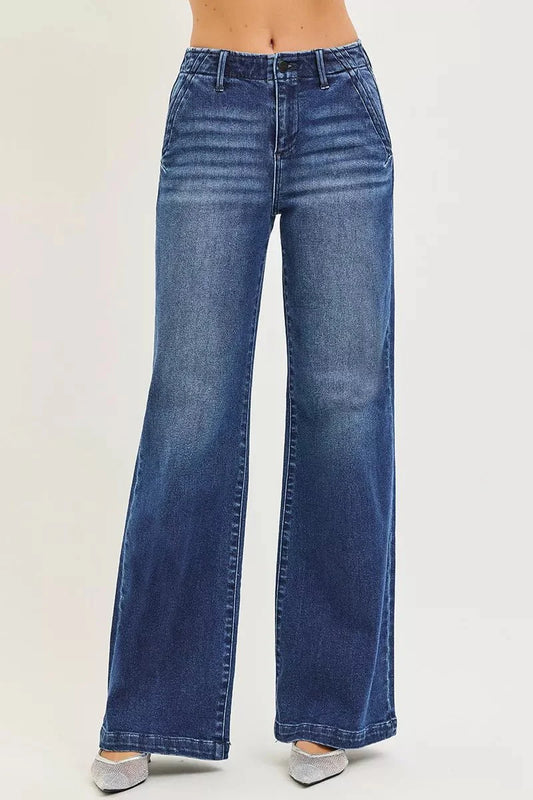 RISEN High Rise Wide Leg Slanted Pocket Jeans-0