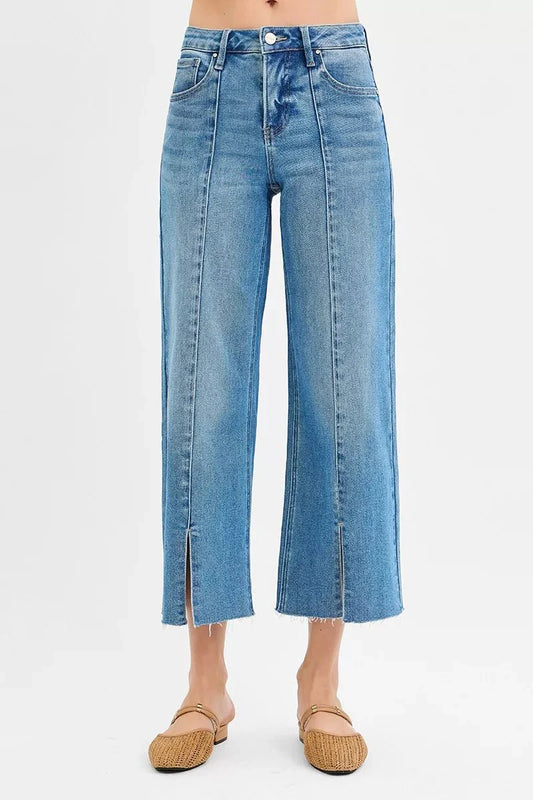 RISEN Tummy Control Mid Rise Crop Wide Front Slit Jeans-1