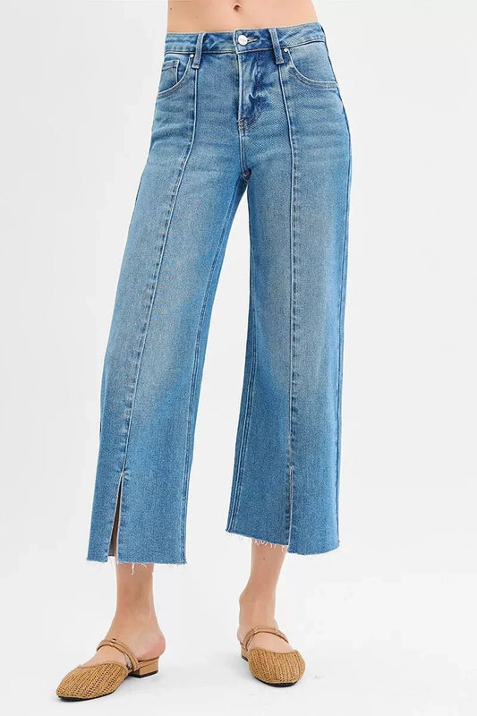 RISEN Tummy Control Mid Rise Crop Wide Front Slit Jeans-0