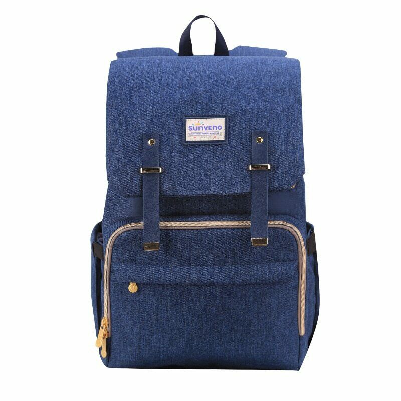 SUNVENO canvas diaper backpack with 15 pockets, showing multiple compartments and adjustable straps for convenient baby care.