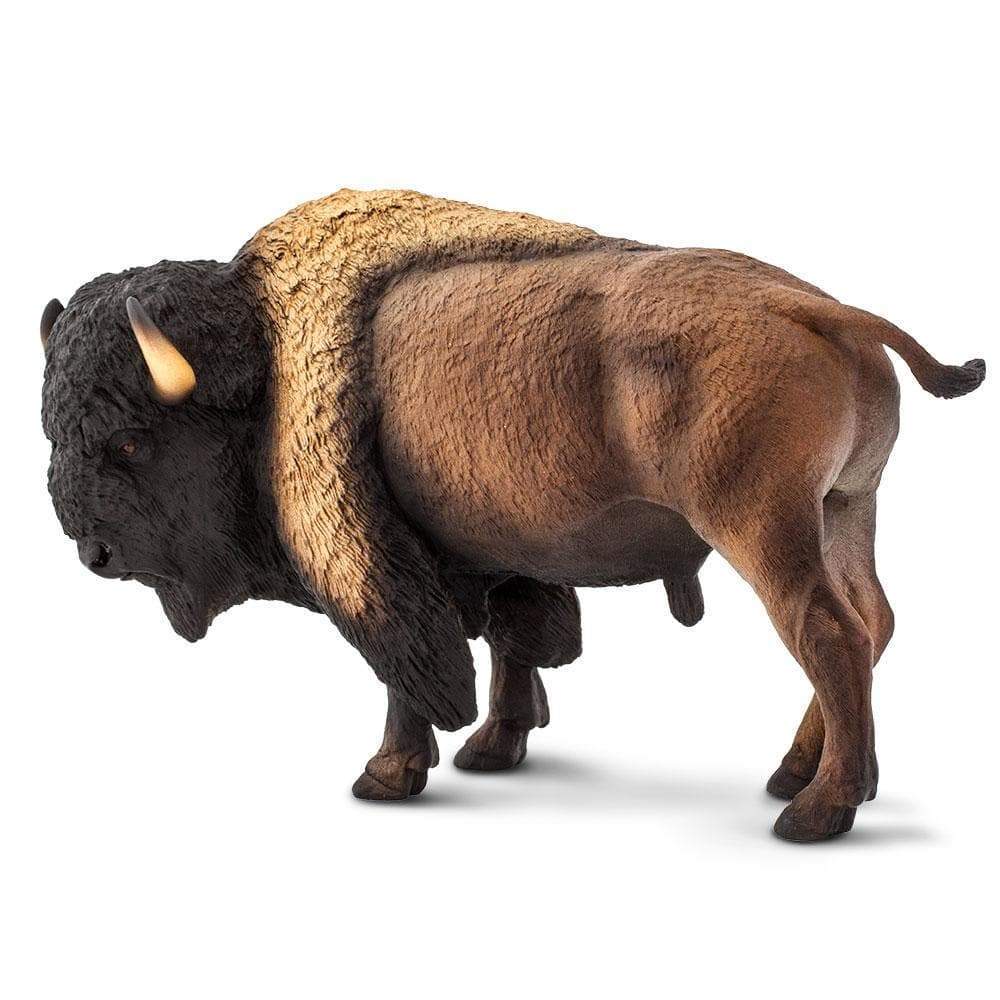 American bison figurine facing right on white, the pale mane running back from the shoulders