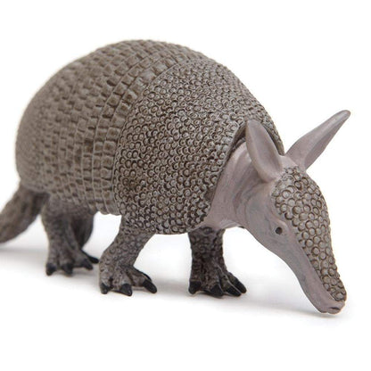 Armadillo figurine at three quarters from the front on white, the banded shell and long ears clear