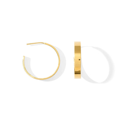 Chunky gold plated hoop earrings with a wide flat band, shown from the front and from the side on white