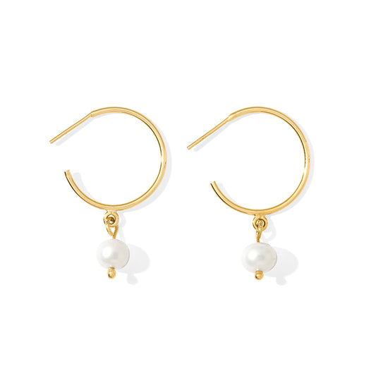Gold plated open hoop earrings with a white freshwater pearl hanging from each, front view on white