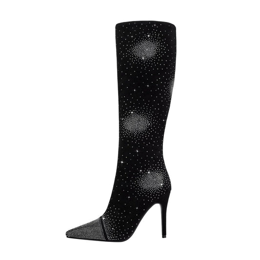 Silver Crystal Burst Black Pointed Knee High Boots-0