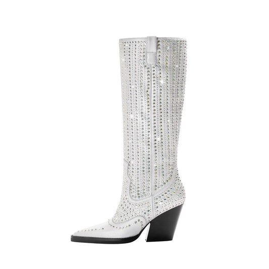 SIlver Embellished Glam Knee High Boots-0