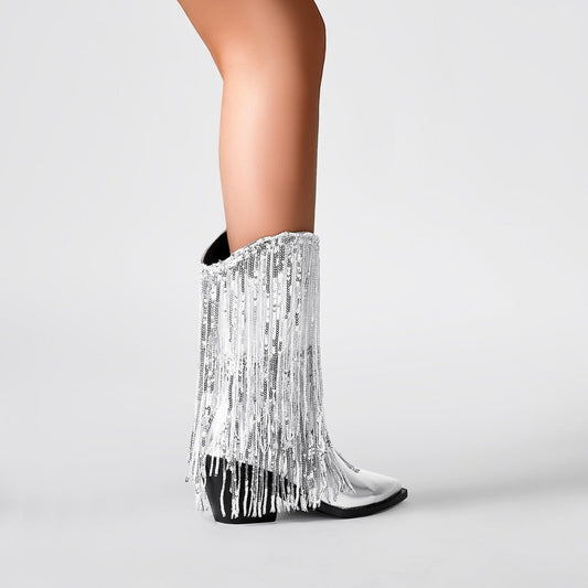 Silver Fringe Cowboy Ankle Boots-1
