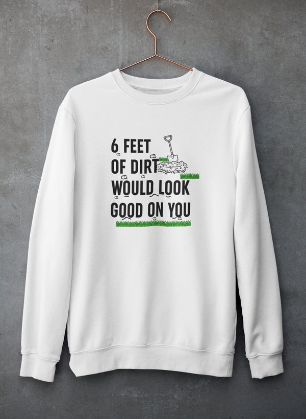 White cotton fleece crewneck on a concrete wall, slogan printed across the chest.