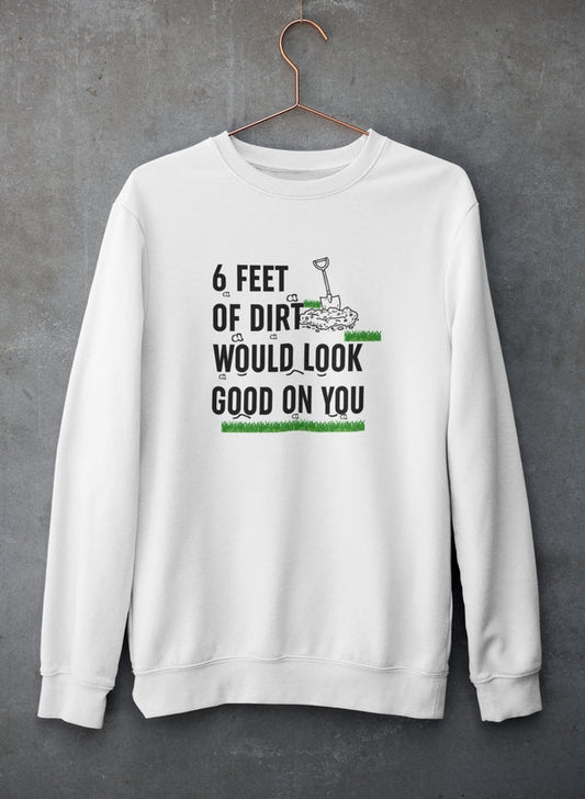 White cotton fleece crewneck on a concrete wall, slogan printed across the chest.