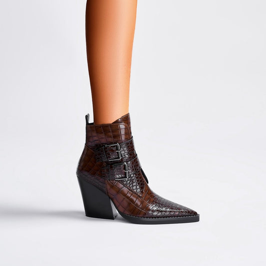 Sleek Crocodile Embossed Pointed Toe Boots-1