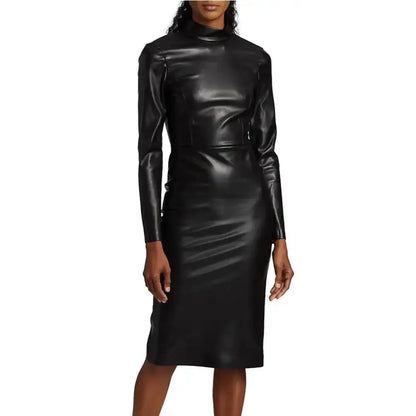 Women’s Solid Black Classy Fall Leather Dress-2