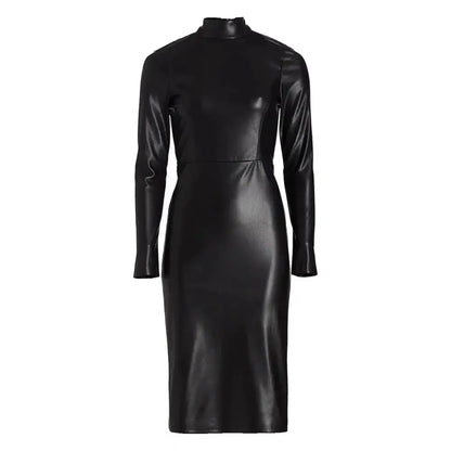 Women’s Solid Black Classy Fall Leather Dress-3