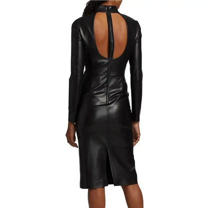 Women’s Solid Black Classy Fall Leather Dress-1